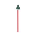 A red pencil with a green Christmas tree-shaped topper adorned with small dots.