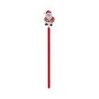 A red pencil topped with a small, decorative Santa Claus figure wearing a red suit and hat. Santa is depicted with a white beard and is attached to the pencil by a small metal spring.