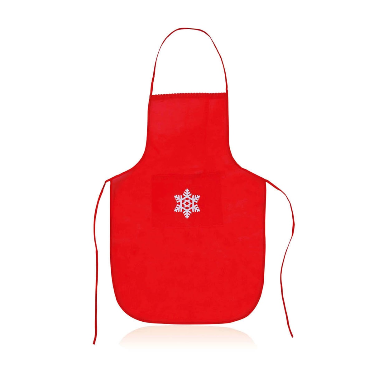 A bright red apron featuring a central white snowflake design. The apron has a neck loop and long side ties for fastening.