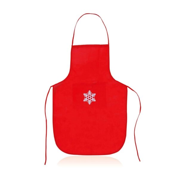 A red apron with a central white snowflake design. It has a neck loop and side ties, and features a front pocket.