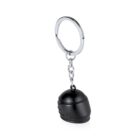 A keychain with a small, black helmet-shaped charm attached to it. The helmet is glossy, and the keychain has a silver metal ring and chain. The background is plain white.