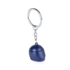 A keychain features a small, blue helmet-shaped charm hanging from a silver chain and ring. The helmet has a smooth finish and is designed with a simple, rounded shape.