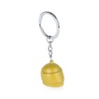 A keychain with a small, yellow helmet-shaped charm hanging from a silver chain and ring.