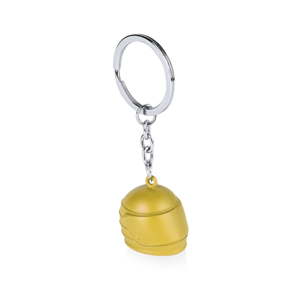 A keychain with a small, yellow helmet-shaped charm hanging from a silver chain and ring.