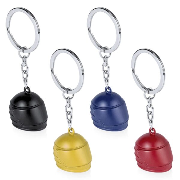 Four keychains with miniature football helmet charms in black, blue, yellow, and red are shown. The helmets are attached to metal rings via short chains, evenly spaced in the image.