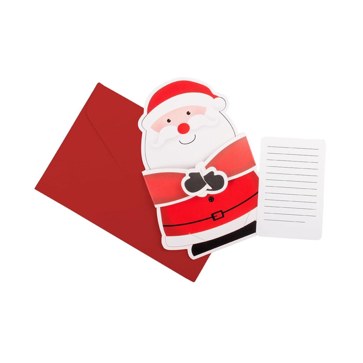 A red envelope, a cheerful Santa-shaped card with a smiling face and red outfit, and a lined notepaper are arranged on a white background.