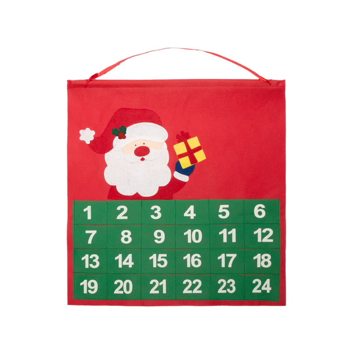 Red fabric Advent calendar featuring Santa Claus holding a gift at the top. Below Santa, there are four rows of green pockets numbered 1 to 24. A red handle is attached for hanging.