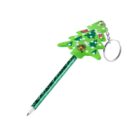 A green Christmas tree-shaped pen with festive decorations, including red and white ornaments and a bee illustration. It features a keychain loop at the top and a glittery green barrel with a silver tip.