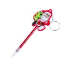 A festive pen with a Santa Claus decoration attached. Santa is holding a green gift sack with stars. The pen is red with black accents and features a keyring at the top.