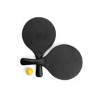Two black table tennis paddles crossed at the handles, with a yellow ping pong ball placed below them on a white background.