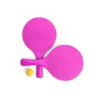 Two bright pink table tennis paddles crossed over each other, with a small yellow ball placed beside them on a plain white background.