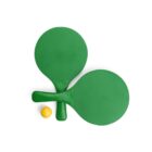 Two green table tennis paddles overlapping slightly, with a yellow ping pong ball beside them, set against a white background.