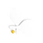 Two white table tennis paddles overlap on a white surface, with a small yellow ball positioned near their handles. The minimalist setup emphasizes the paddles and ball against the monochromatic background.