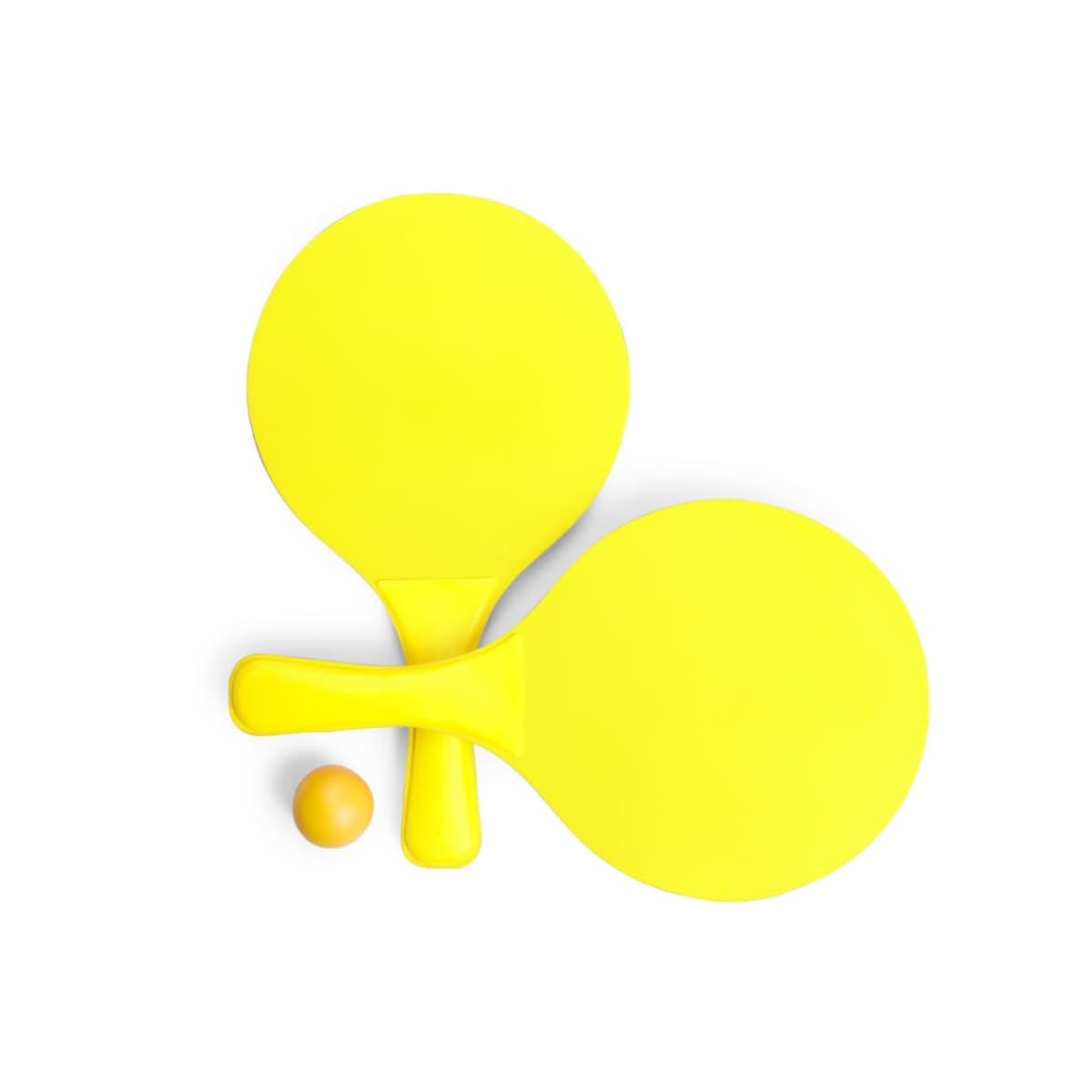 Two bright yellow beach paddles are arranged with their handles overlapping, next to a small yellow ball, all placed on a plain white background.
