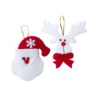 Two felt Christmas ornaments. One is a Santa head with a red hat and snowflake decoration. The other is a white reindeer head with red nose and a red bow. Both have gold loops for hanging.