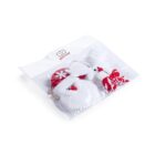 A clear plastic package containing a plush Santa Claus head and a white reindeer with a red and white striped scarf. The label at the top has a small cute bear illustration.