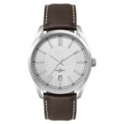 A silver analog wristwatch with a white face, featuring slender hour markers and a date window at the 6 oclock position. It has a black leather strap with white stitching.