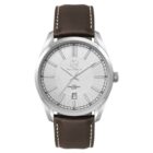 A classic wristwatch with a silver round face, sleek hour markers, and a date window at 6 oclock. It has a brown leather strap with white stitching, a silver bezel, and minimalistic design elements.