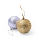 A gold and a silver glittery Christmas ornament ball are placed side by side. Each has a metallic cap with a loop; the gold ornament has a golden string, and the silver ornament has a silver string for hanging.