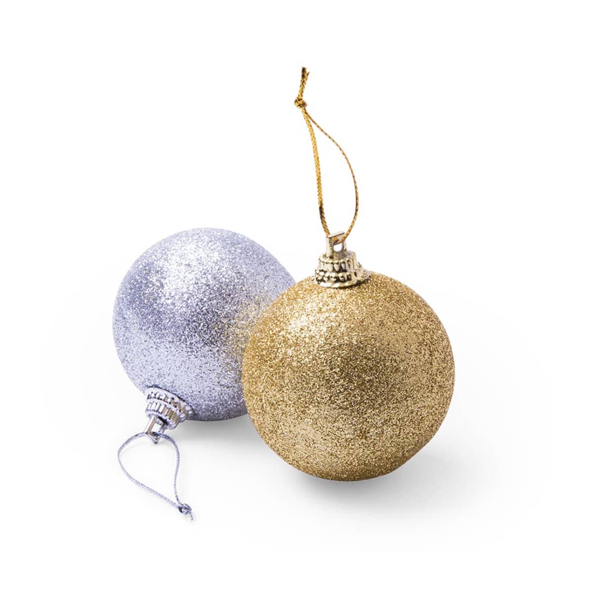A gold and a silver glittery Christmas ornament ball are placed side by side. Each has a metallic cap with a loop; the gold ornament has a golden string, and the silver ornament has a silver string for hanging.