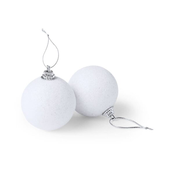 Two white, frosted Christmas ornaments with silver tops and loops, placed side by side on a white background.