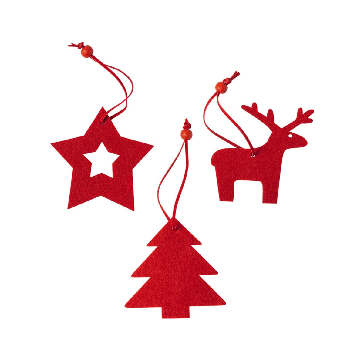Three red felt Christmas ornaments: a star with a cut-out center, a reindeer, and a Christmas tree. Each has a red string and bead for hanging. Positioned against a white background.