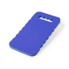A blue foam kneeling pad with a textured surface and a cut-out handle at the top. The edges are scalloped for grip, and it is rectangular in shape.