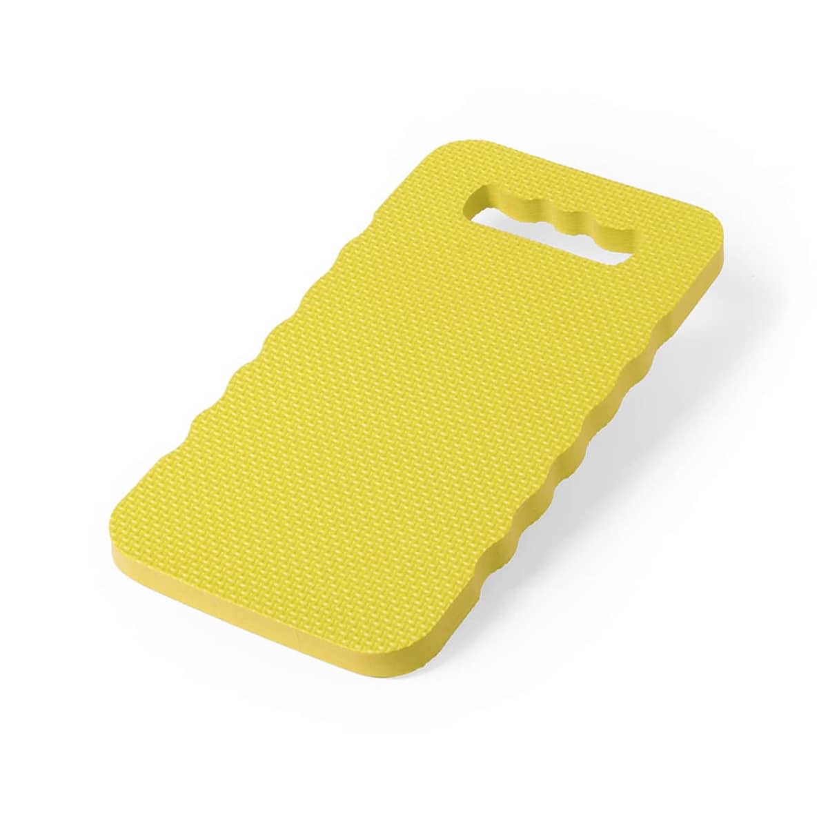 A yellow kneeling pad with a textured surface and scalloped edges, featuring an integrated handle for easy carrying.