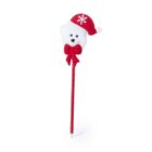 A pen with a red body featuring a plush white bear head at the top. The bear is wearing a red Santa hat adorned with a white snowflake and has a red bow at its neck.