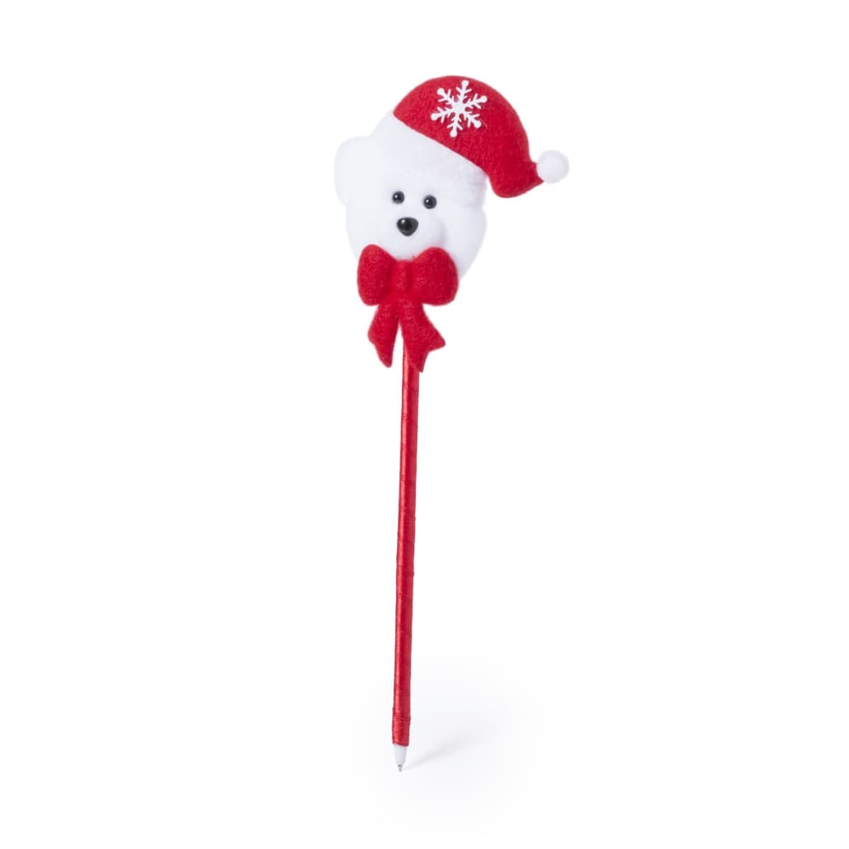 A pen with a red body featuring a plush white bear head at the top. The bear is wearing a red Santa hat adorned with a white snowflake and has a red bow at its neck.