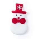 Plush snowman figure with a red top hat, adorned with a white snowflake, red earmuffs, and a bow tie. The snowman has black button eyes and a red nose, set against a white background.