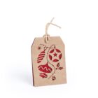 A brown gift tag with a cut-out design featuring festive ornaments, including stars and baubles. A string is attached at the top for tying.