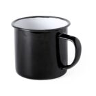 A black enamel mug with a sturdy handle and white interior, shown against a plain white background.