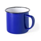 A blue enamel mug with a white interior and black rim. The mug has a simple, classic design and a sturdy handle.