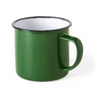 A green enamel mug with a black rim and a simple curved handle is shown against a white background. The interior of the mug is white, providing a clean and classic look.