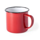 A red enamel mug with a black rim and handle, placed against a plain white background.