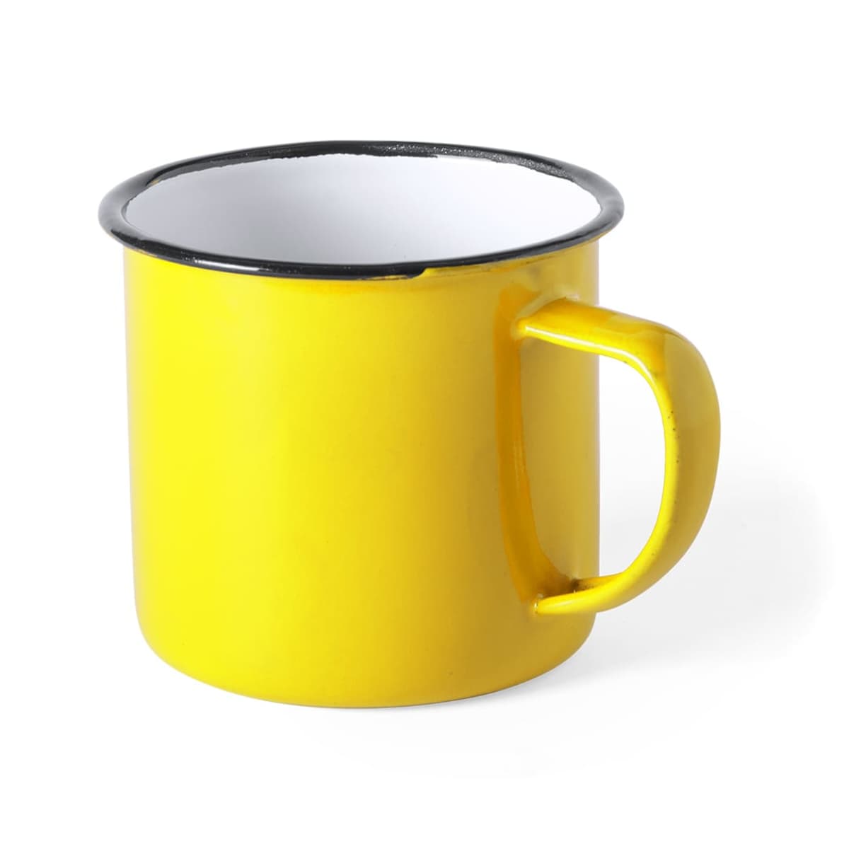 Yellow enamel mug with a black rim and a sturdy handle, shown at a slight angle against a white background.