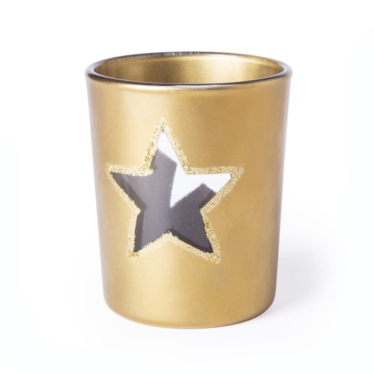 Gold candle holder with a star-shaped cutout on the front. The star is outlined with gold glitter, and the interior of the holder is metallic gold, reflecting light.