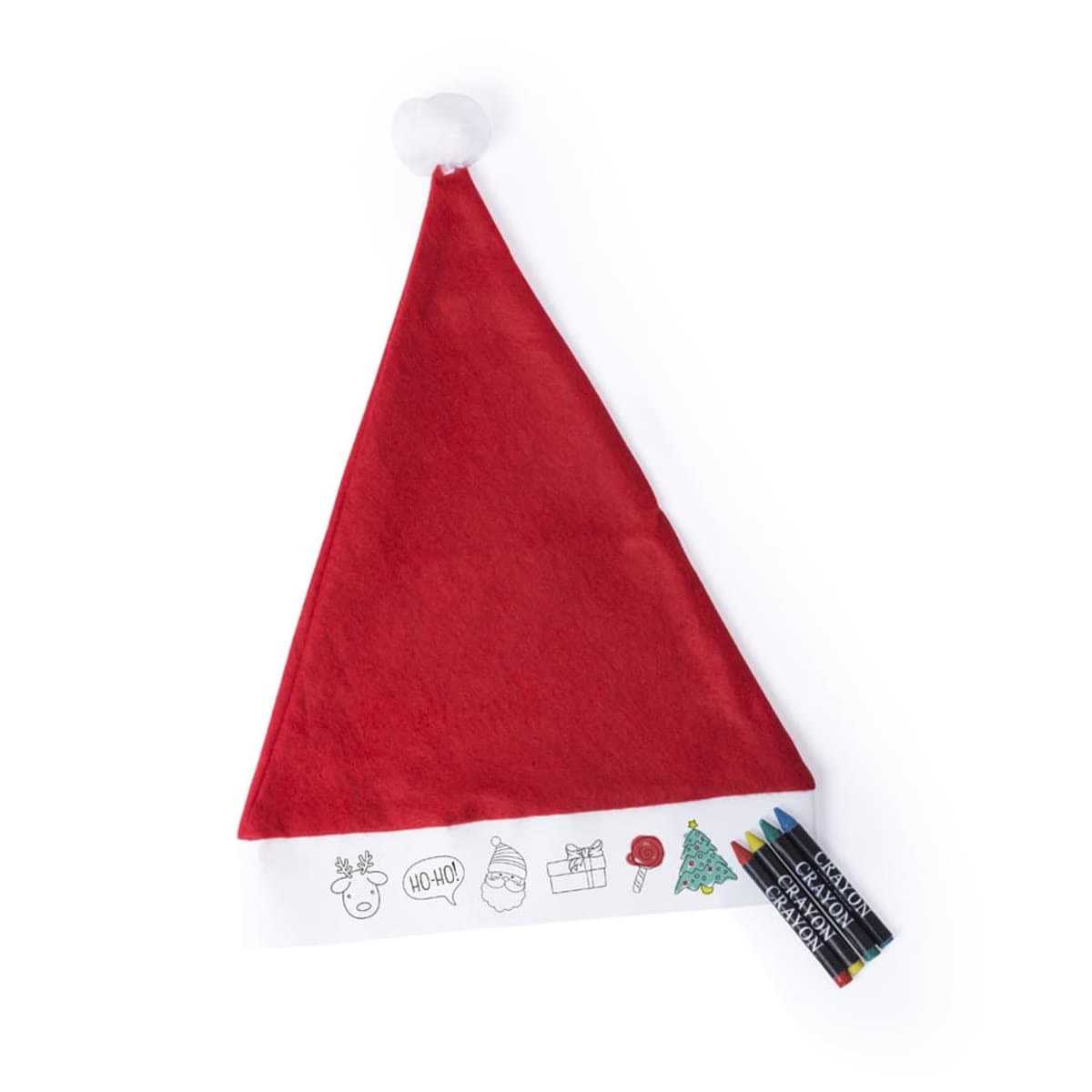 A red Santa hat with a white band featuring outline drawings, including a reindeer, Santa, a gift, a candy, and a Christmas tree. A small set of colored crayons is placed beside the hat for coloring the drawings.