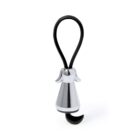A shiny silver bell with a black looped handle and a small hook at the bottom. The bell has wing-like protrusions on the sides near the top.