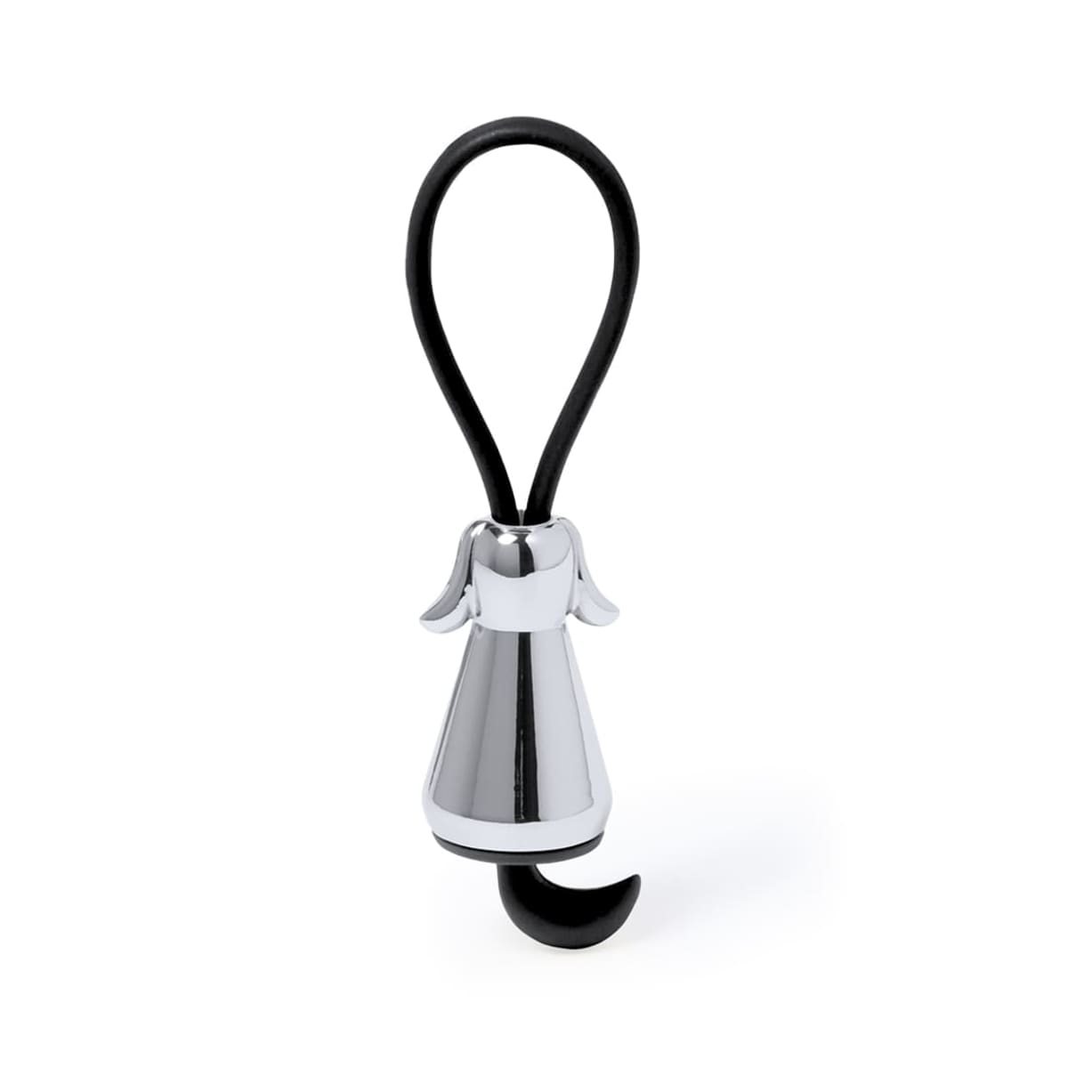 A shiny silver bell with a black looped handle and a small hook at the bottom. The bell has wing-like protrusions on the sides near the top.