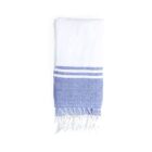 A folded white and blue rectangular towel with fringes on one end. The blue portion features two white horizontal stripes near the top.