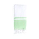 A folded white towel with a light green stripe near the bottom. It has two thin white lines across the green section and fringed edges. The towel is neatly presented on a plain white background.