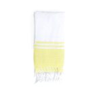 A folded towel with a white and yellow color scheme. It features two white stripes on the yellow section and has white fringe at the ends. The background is plain white.