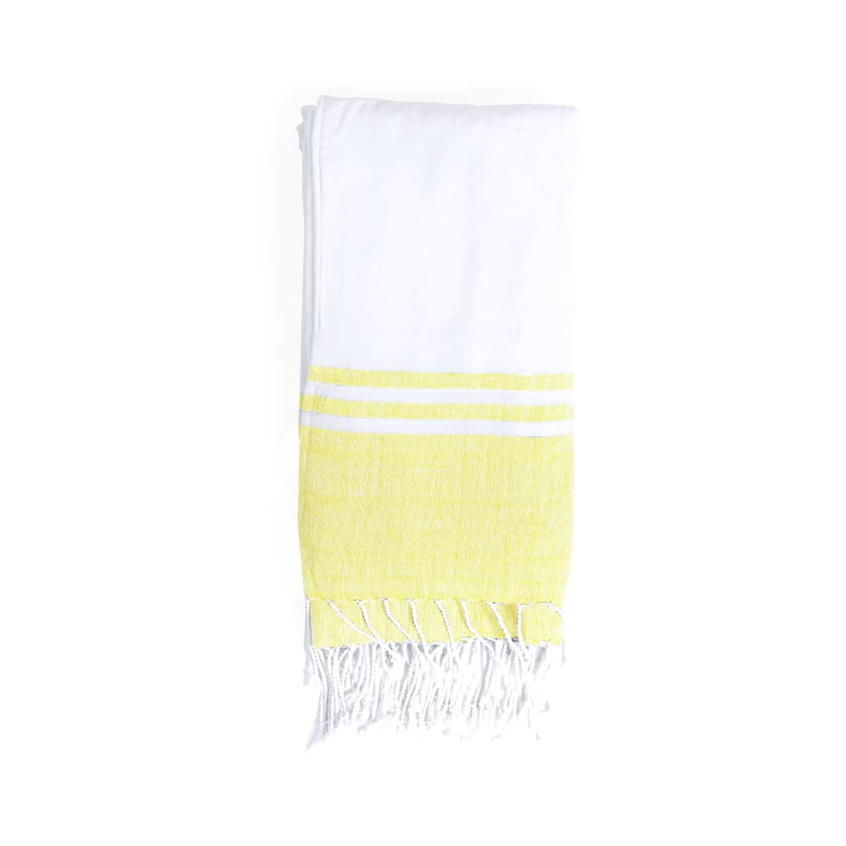 A folded towel with a white and yellow color scheme. It features two white stripes on the yellow section and has white fringe at the ends. The background is plain white.