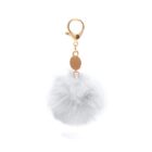 A fluffy white pom-pom keychain with a gold clasp and small metal tag, isolated on a white background.