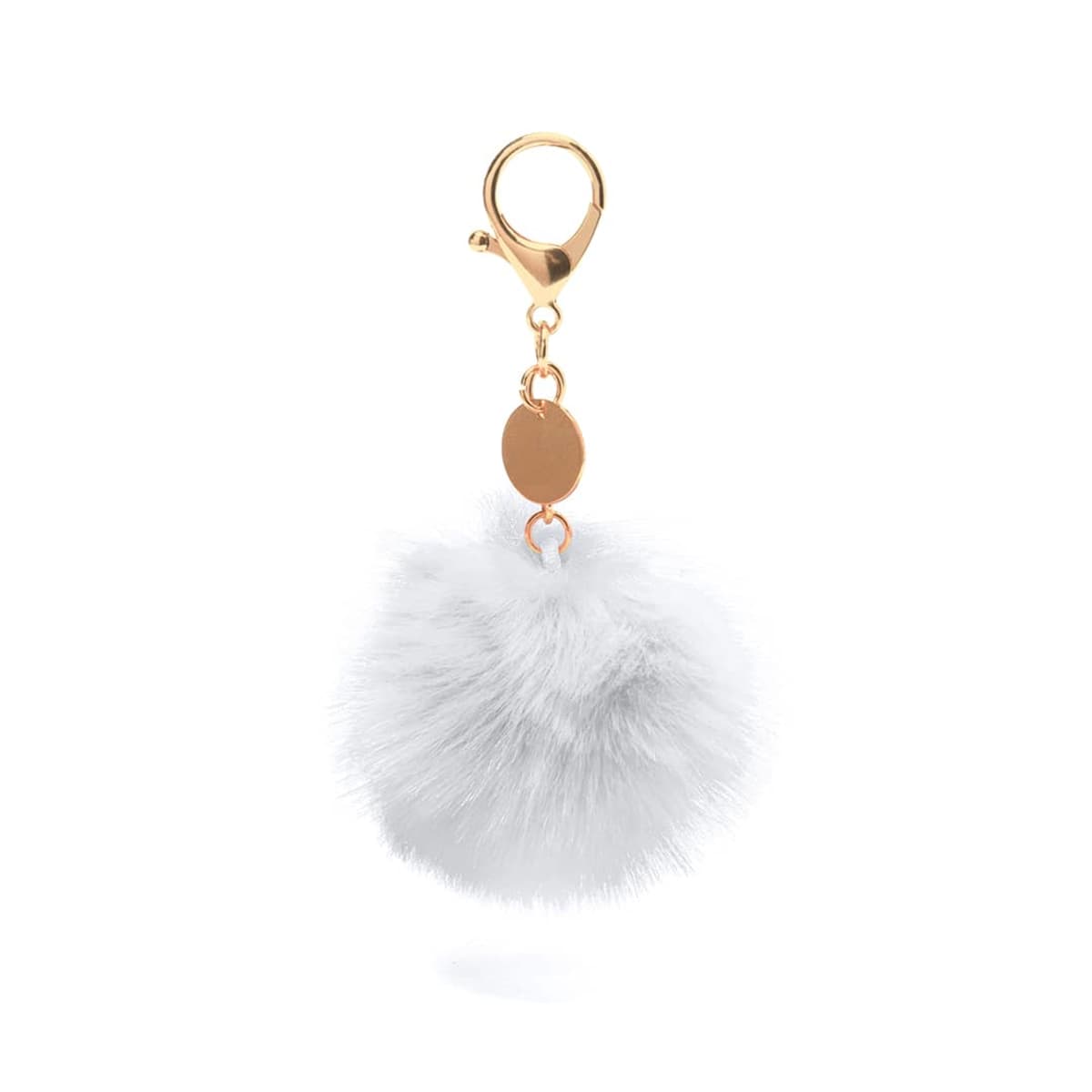 A fluffy white pom-pom keychain with a gold clasp and small metal tag, isolated on a white background.
