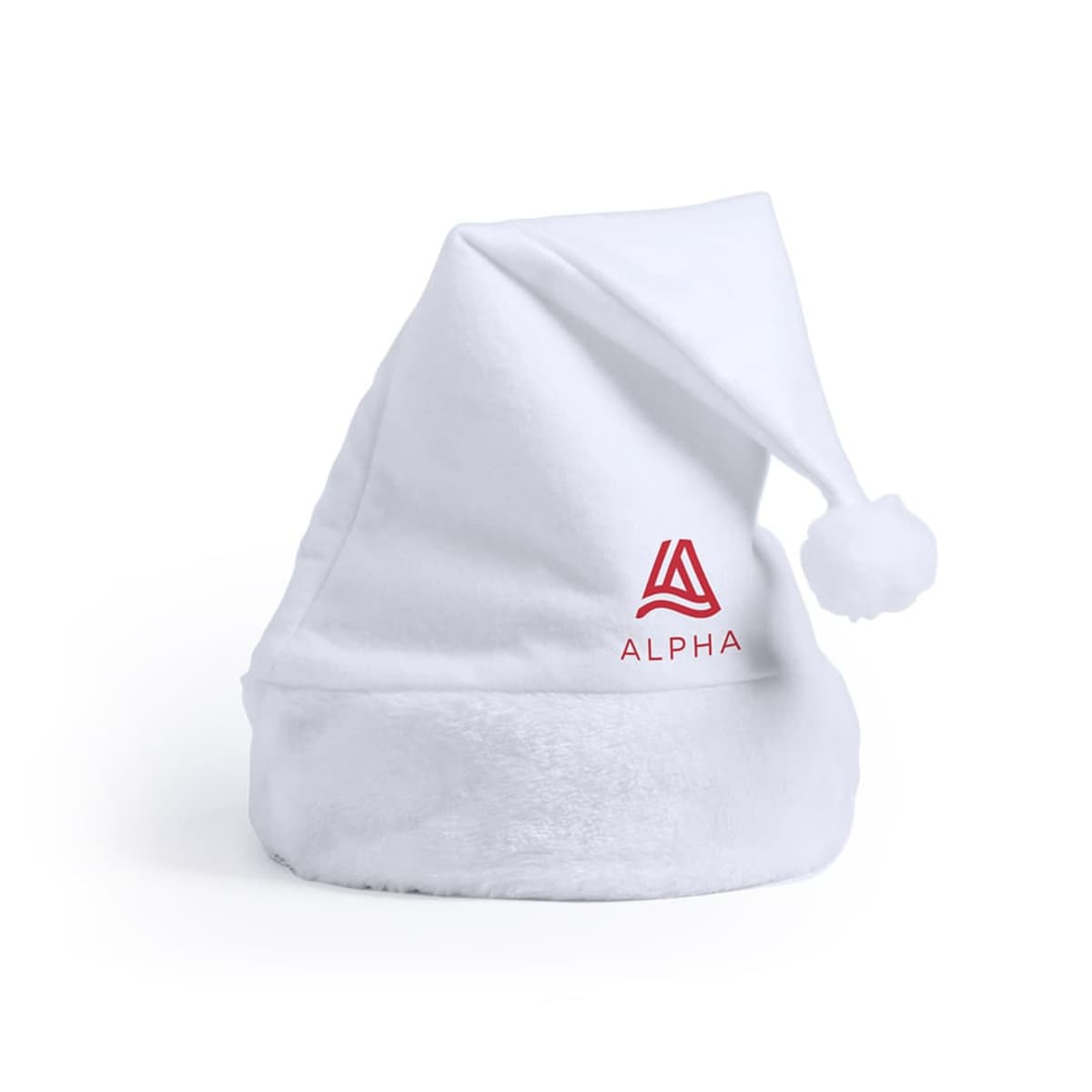 A white plush Santa hat with a pom-pom, featuring a red logo and the text ALPHA on the front.
