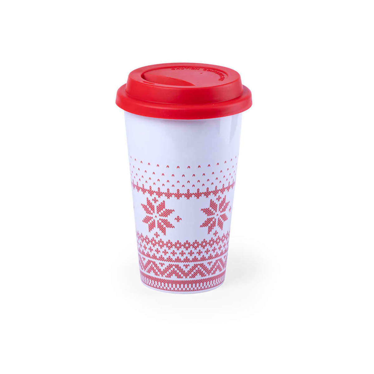 Reusable white coffee cup with a red lid, featuring a red knitted design pattern of snowflakes and geometric shapes around the cup. The design gives a festive, winter-themed appearance.