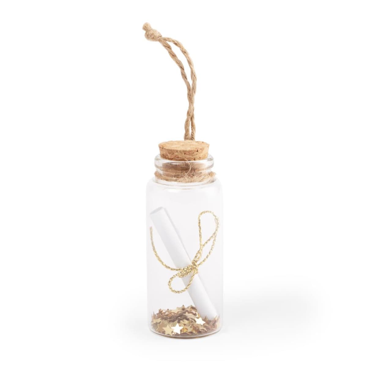 A small glass bottle with a cork stopper and twine loop at the top. Inside, there is a rolled paper tied with a gold thread, surrounded by metallic star-shaped confetti.